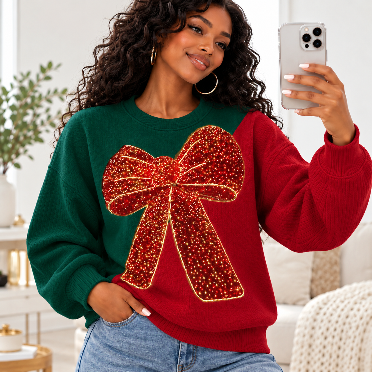 Red Bow Colorblock Waffle Sweatshirt
