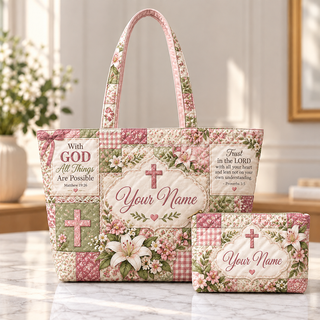 Personalized Pink Floral Patchwork Quilted Shoulder Bag & Storage Bag