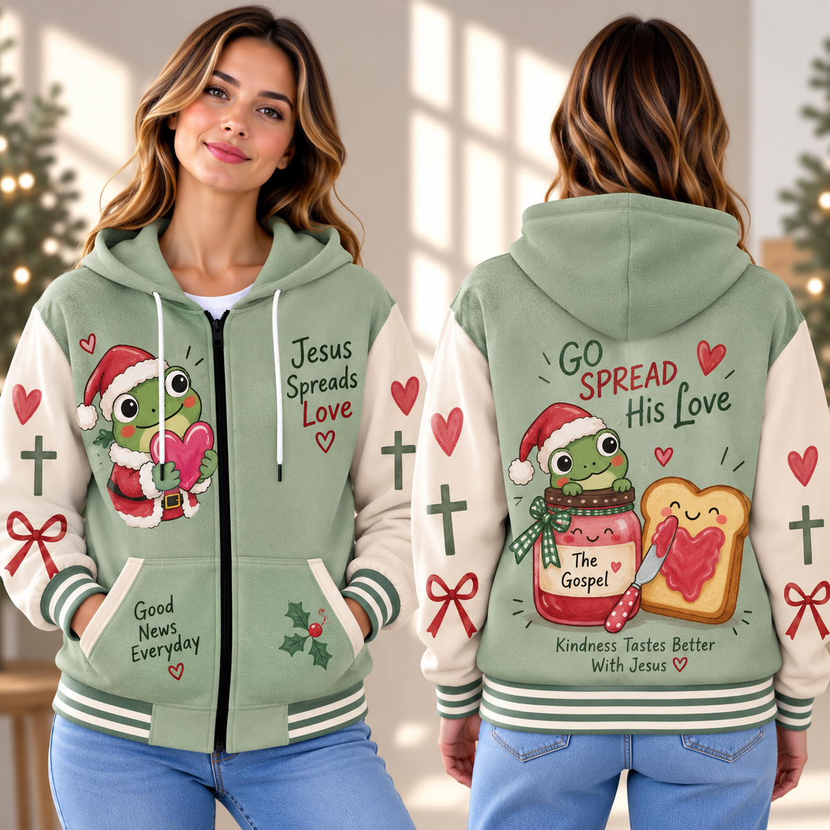 Christmas Frog Jam Toast Zip-up Baseball Jacket