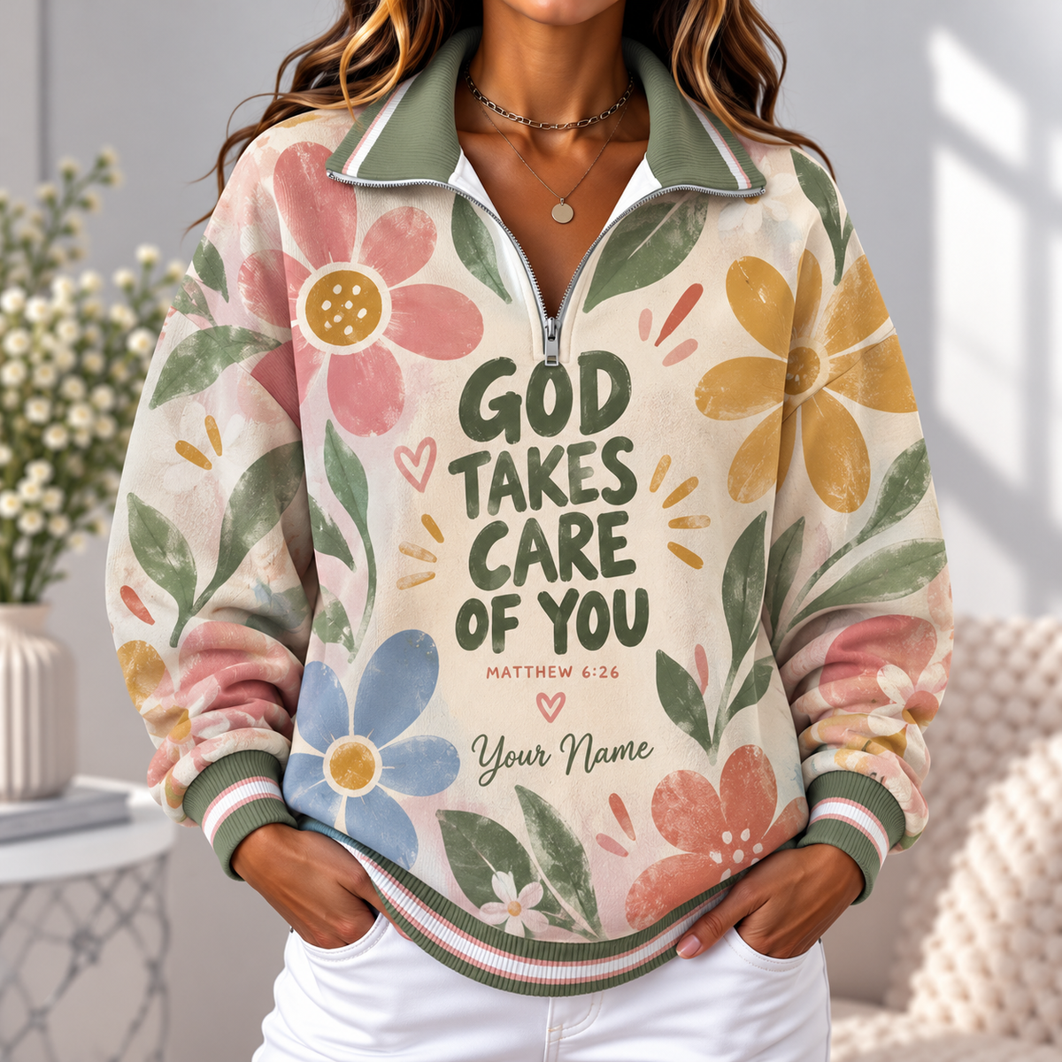 Personalized Colorful Floral Women's Half-zip Sweatshirt NWY076