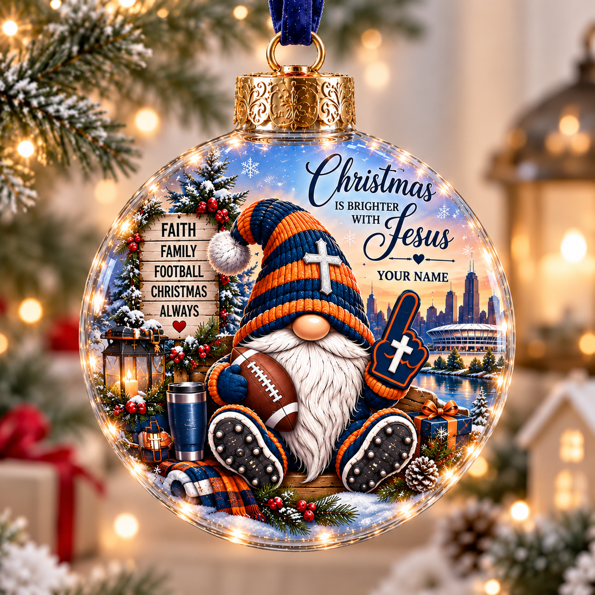 Personalized Navy Orange Stadium Gnome Christmas Ball Ornament