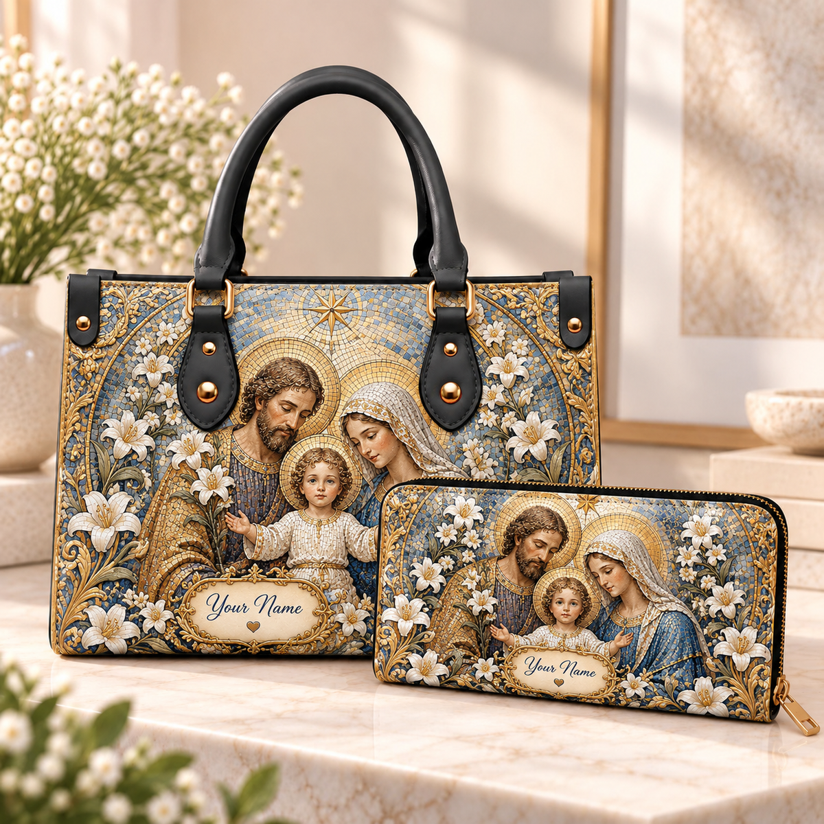 Personalized Mosaic Family and Lilies PU Leather Handbag & Leather Long Wallet