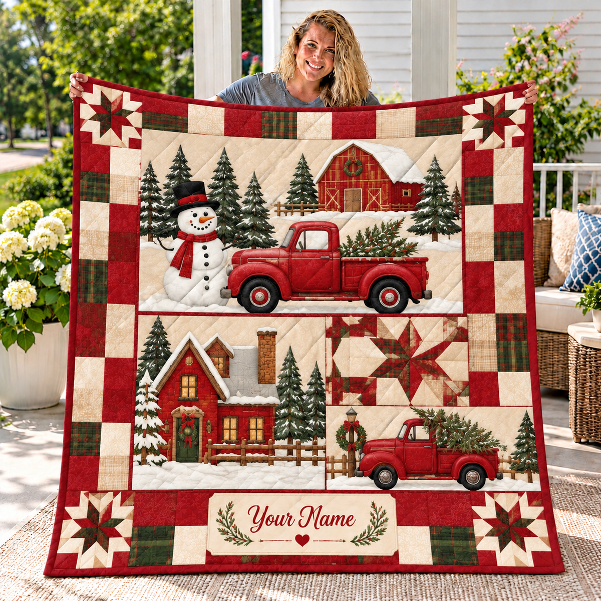 Personalized Red Truck Snowman Quilt