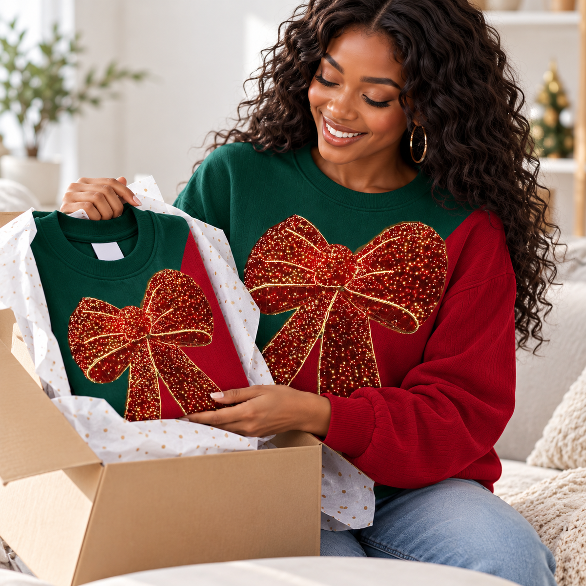 Red Bow Colorblock Waffle Sweatshirt