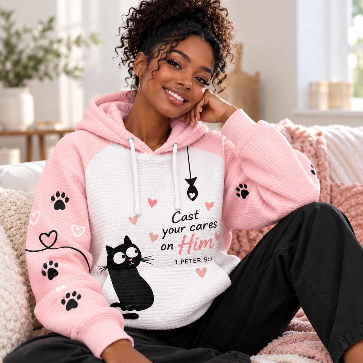 Pink Paw Print Black Cat Waffle Hoodie