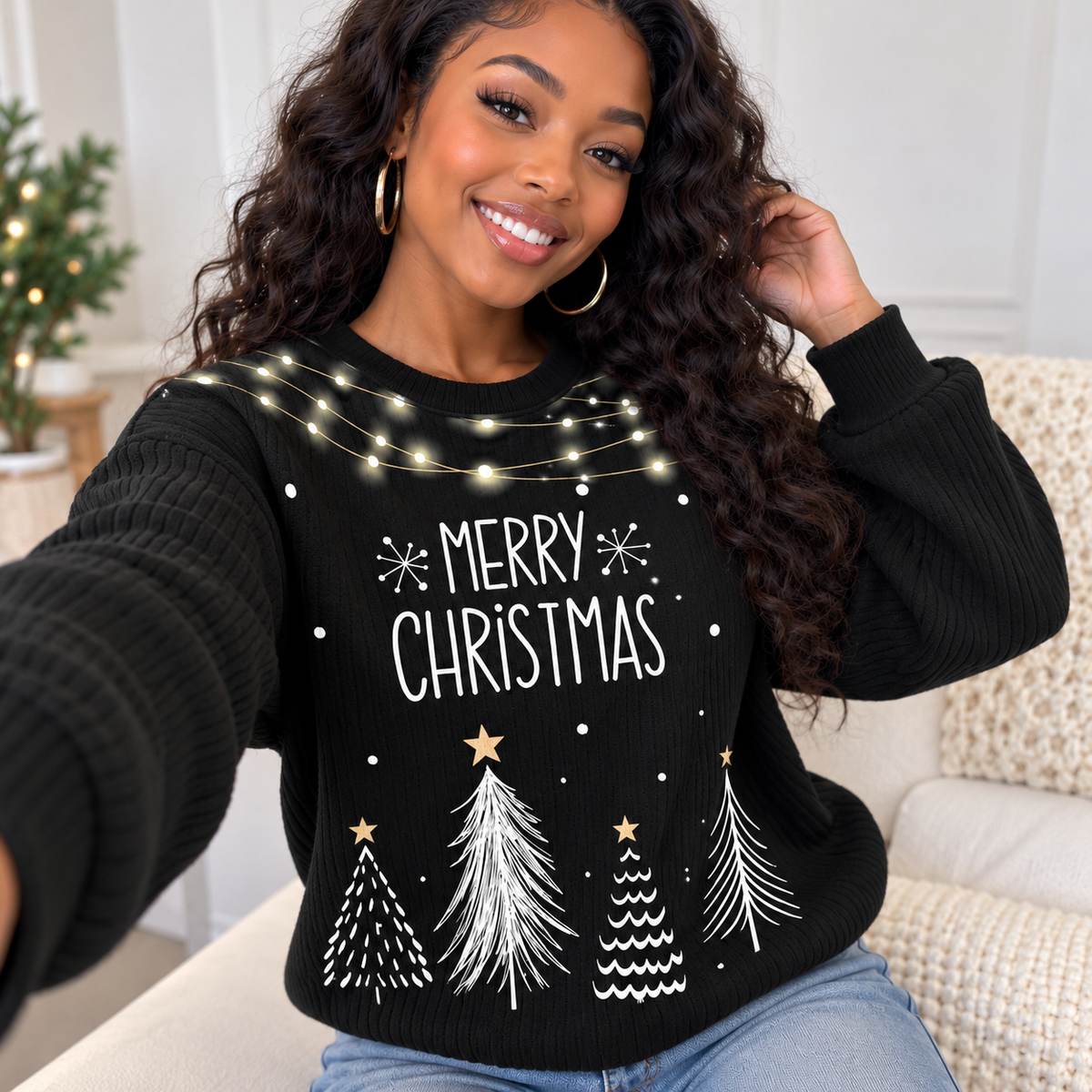Winter Trees String Lights Waffle Sweatshirt