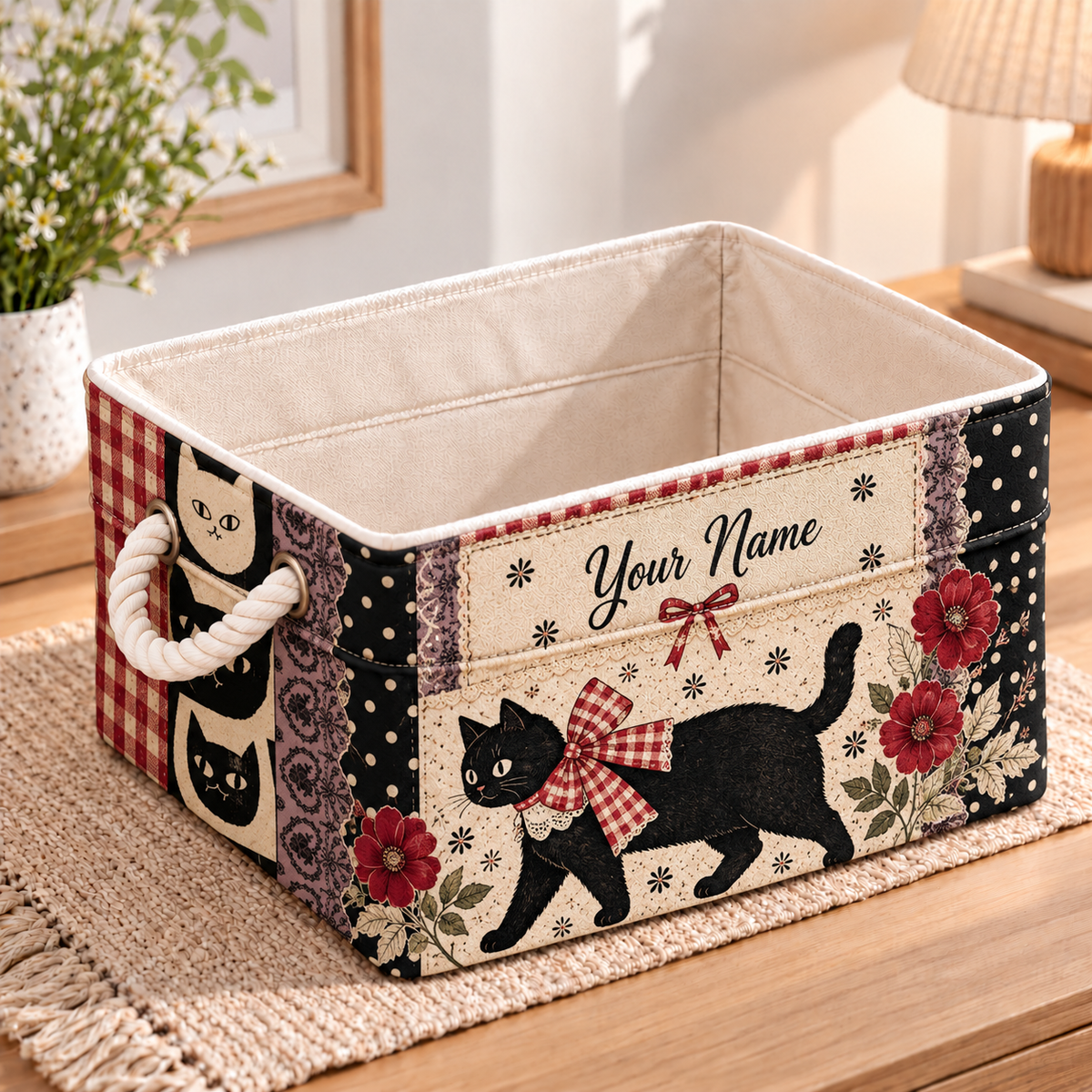 Personalized Gingham Bow Black Cat Storage Basket