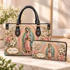 Personalized Pastel Woman and Flowers PU Leather Handbag & Leather Long Wallet