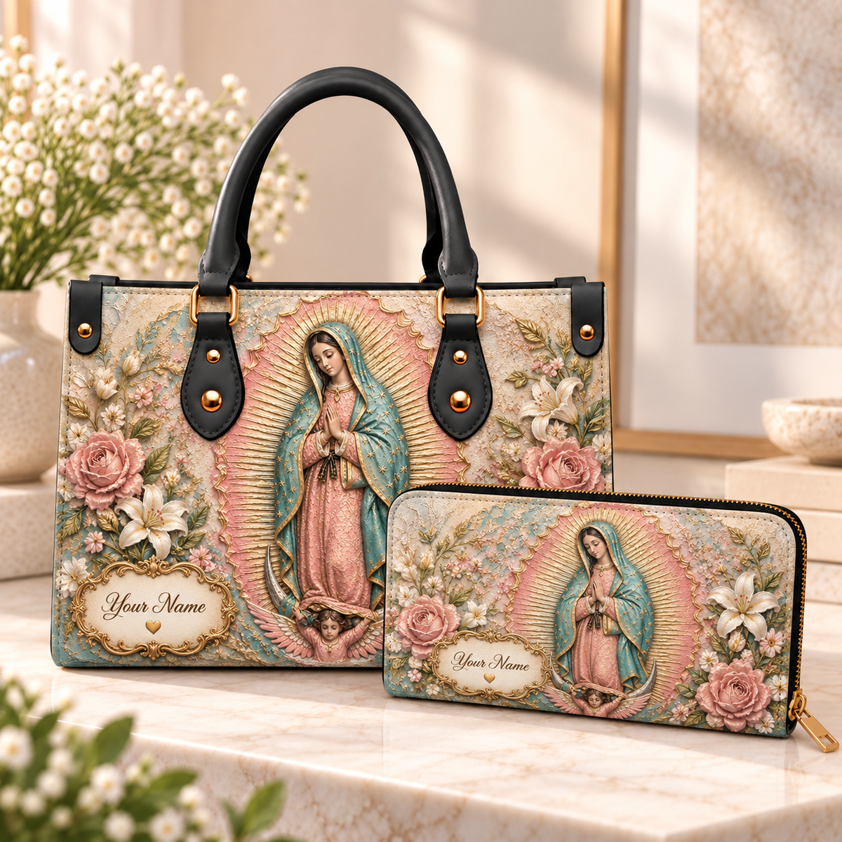 Personalized Pastel Woman and Flowers PU Leather Handbag & Leather Long Wallet