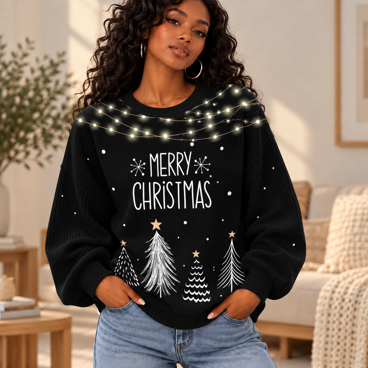 Winter Trees String Lights Waffle Sweatshirt