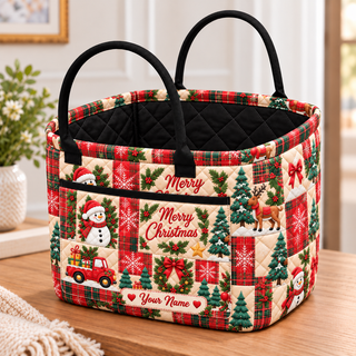 Personalized Festive Plaid Patchwork Quilted Storage Basket
