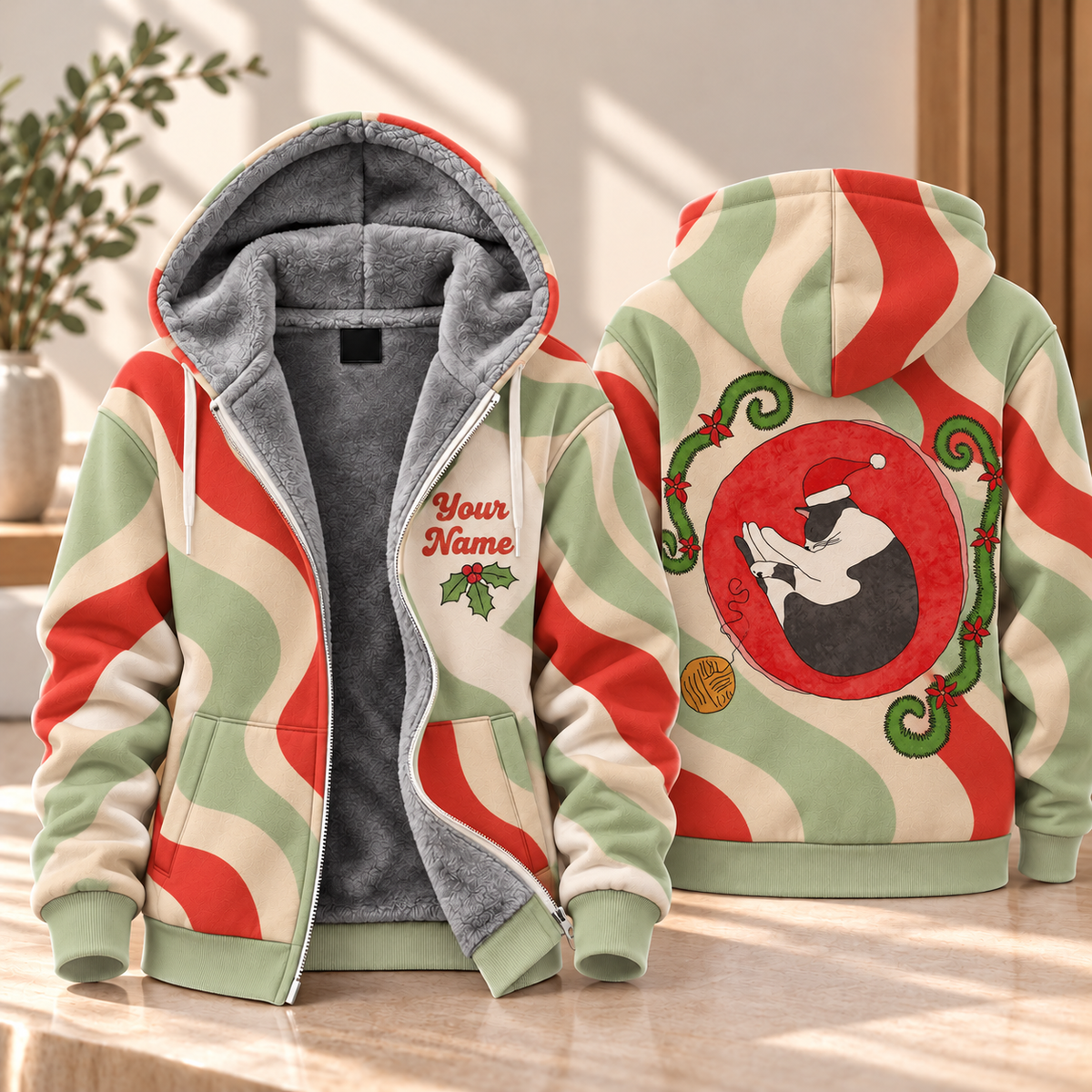Santa Hat Tuxedo Cat Personalized Fleece Jacket