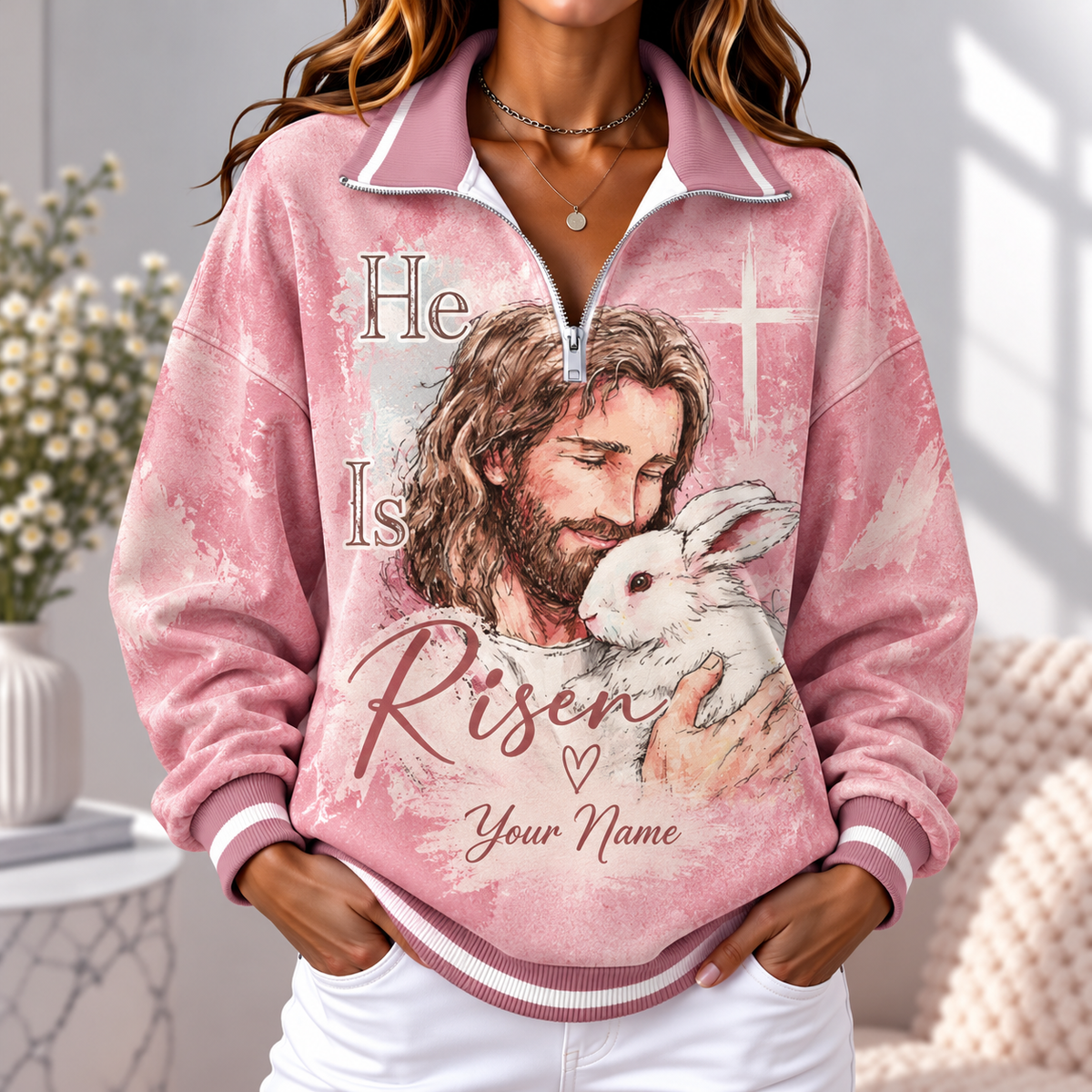 Personalized White Rabbit Portrait Women's Half-zip Sweatshirt NWY076