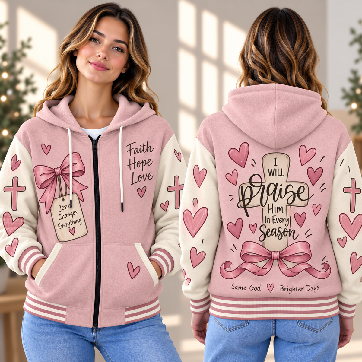 Pink Bow Hearts Zip-up Baseball Jacket