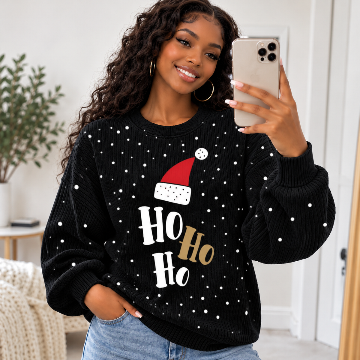 Ho Ho Ho Santa Hat Waffle Sweatshirt