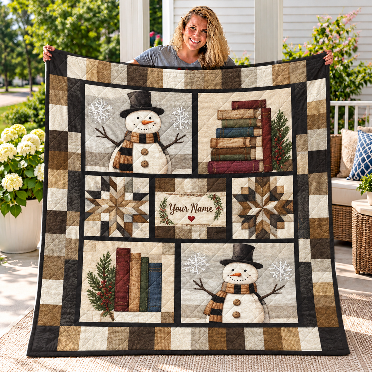 Personalized Snowmen and Books Quilt