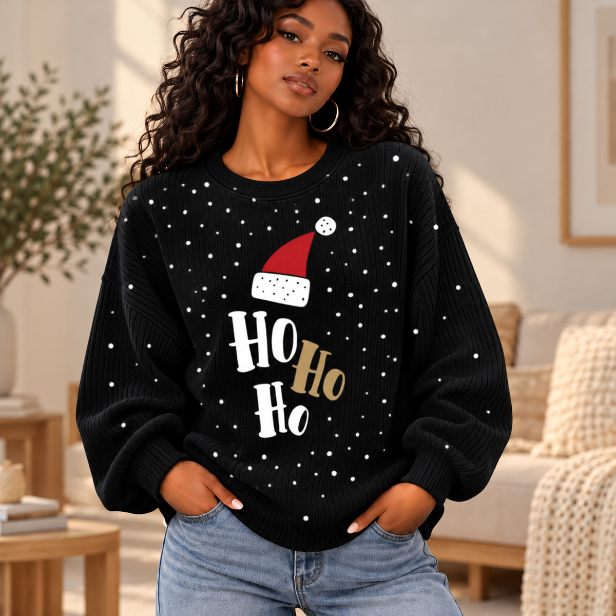 Ho Ho Ho Santa Hat Waffle Sweatshirt