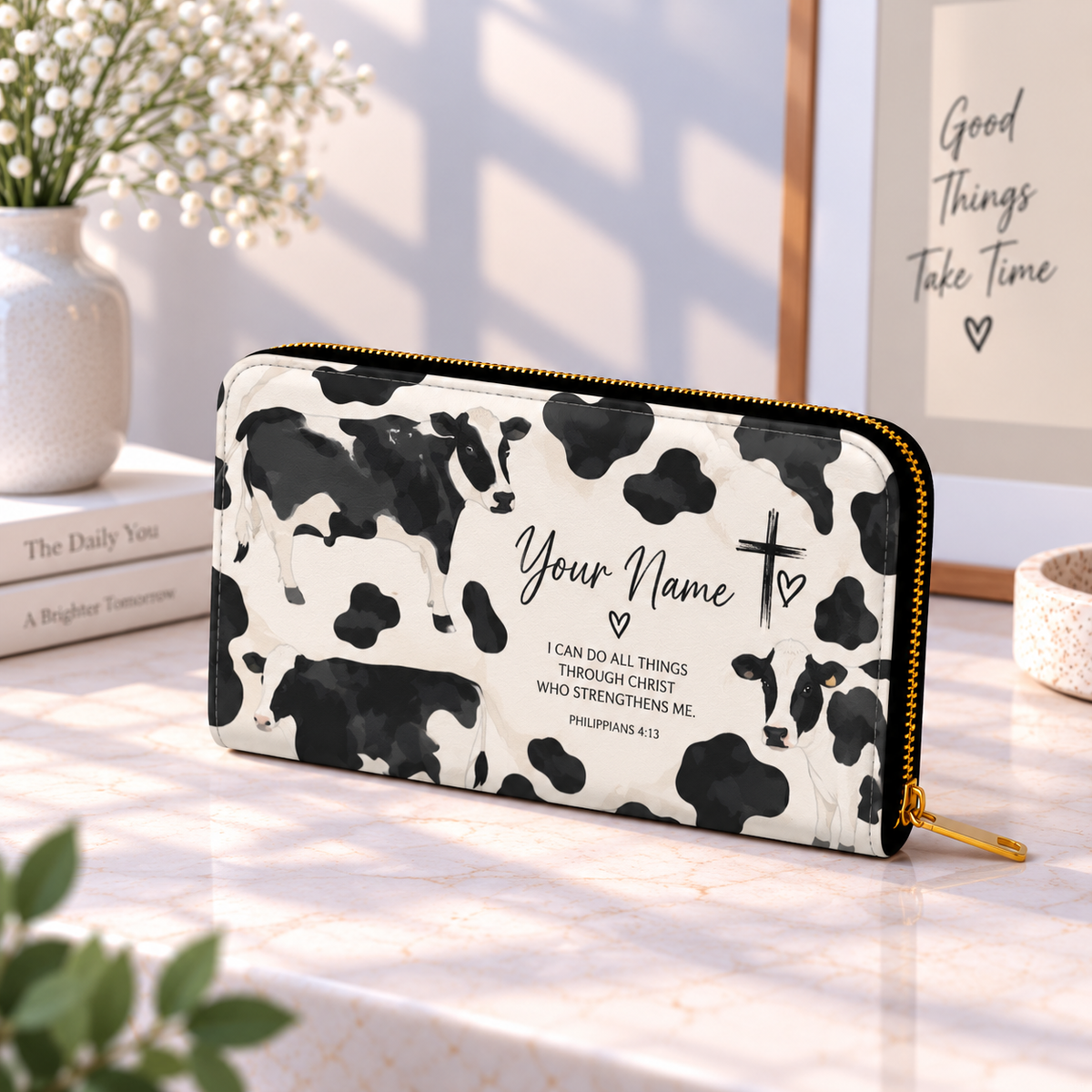 Personalized Black White Cow PU Leather Long Wallet