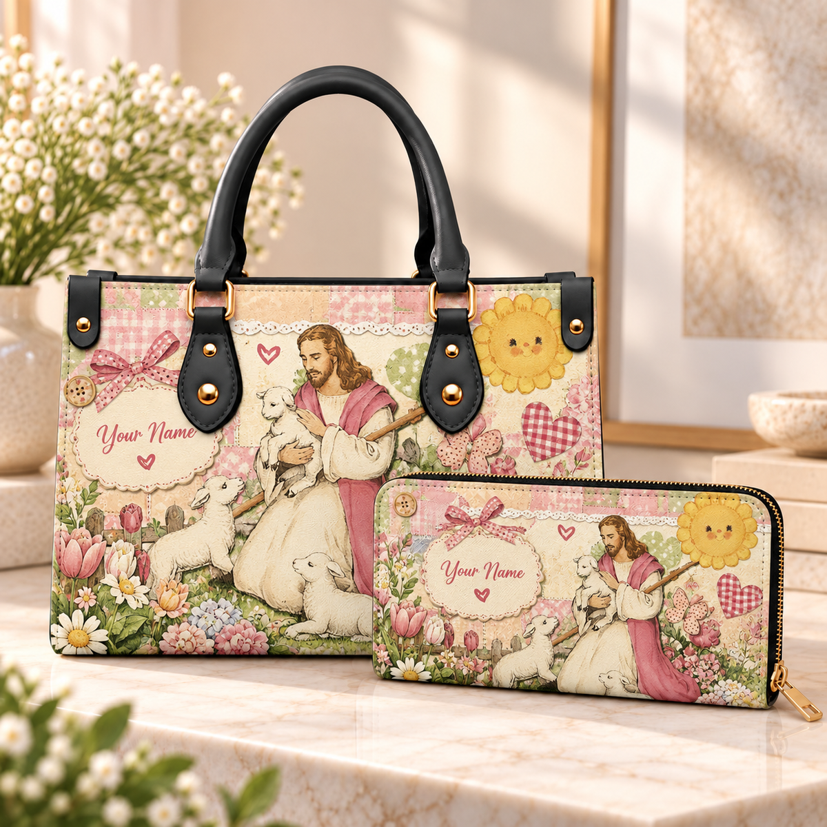 Personalized Pastel Shepherd and Lambs PU Leather Handbag & Leather Long Wallet