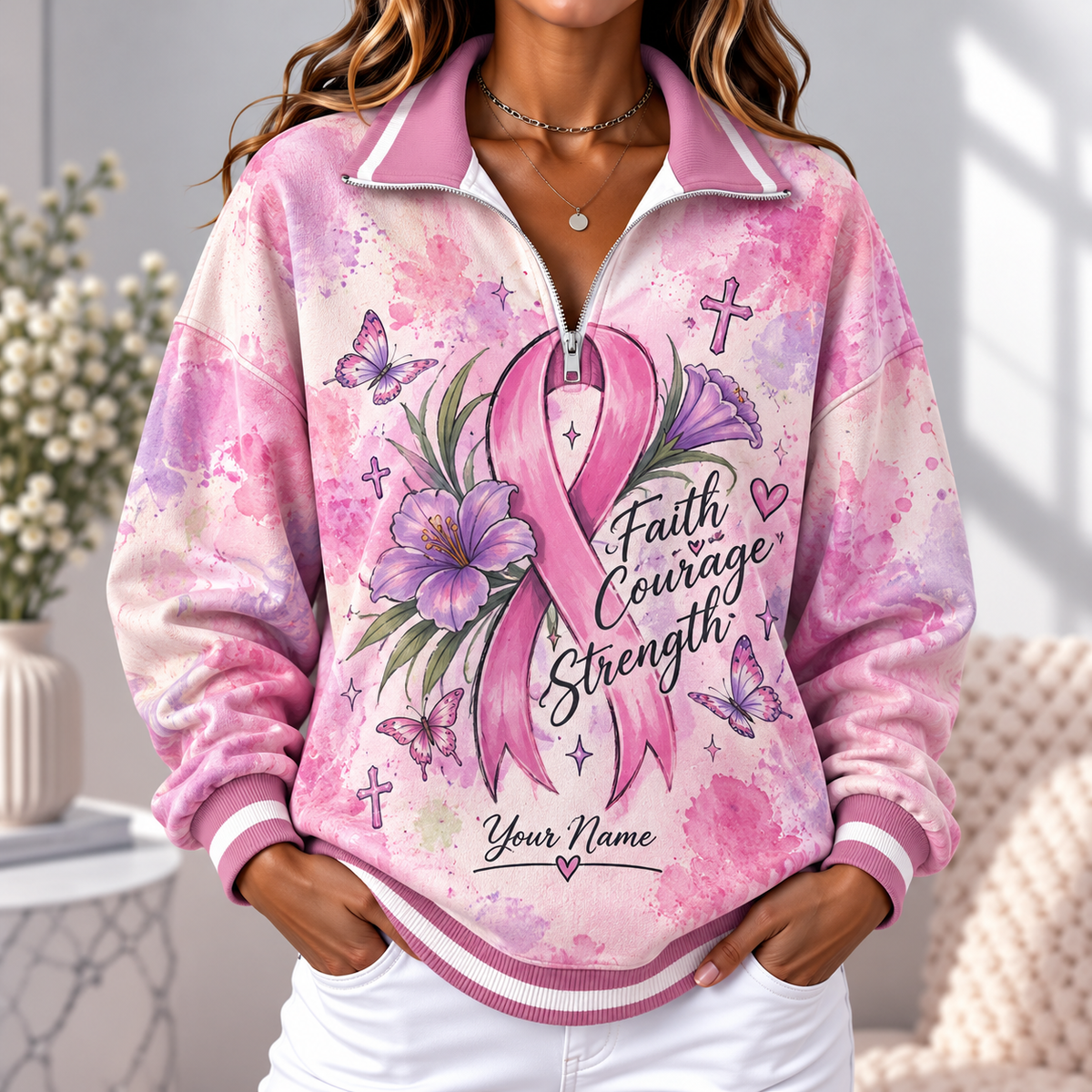 Personalized Pink Ribbon Women's Half-zip Sweatshirt NWY076