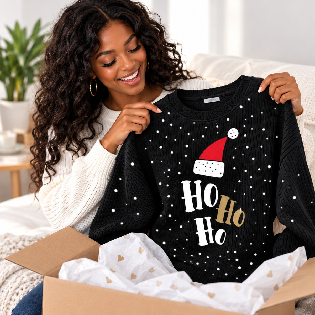 Ho Ho Ho Santa Hat Waffle Sweatshirt