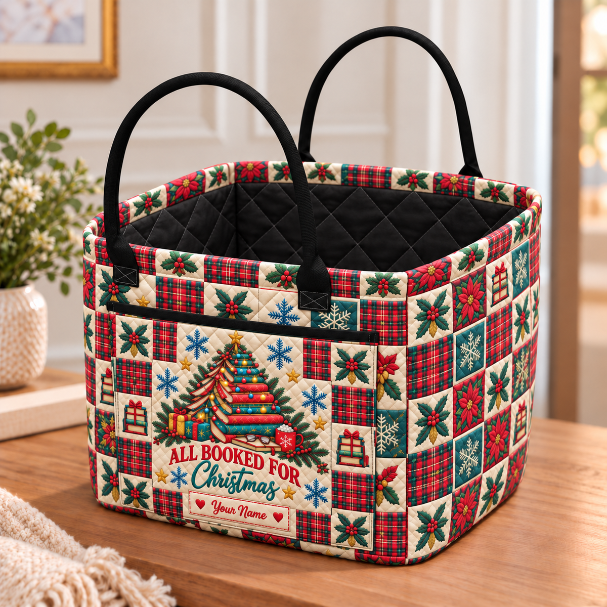 Personalized Festive Book Tree Quilted Storage Basket