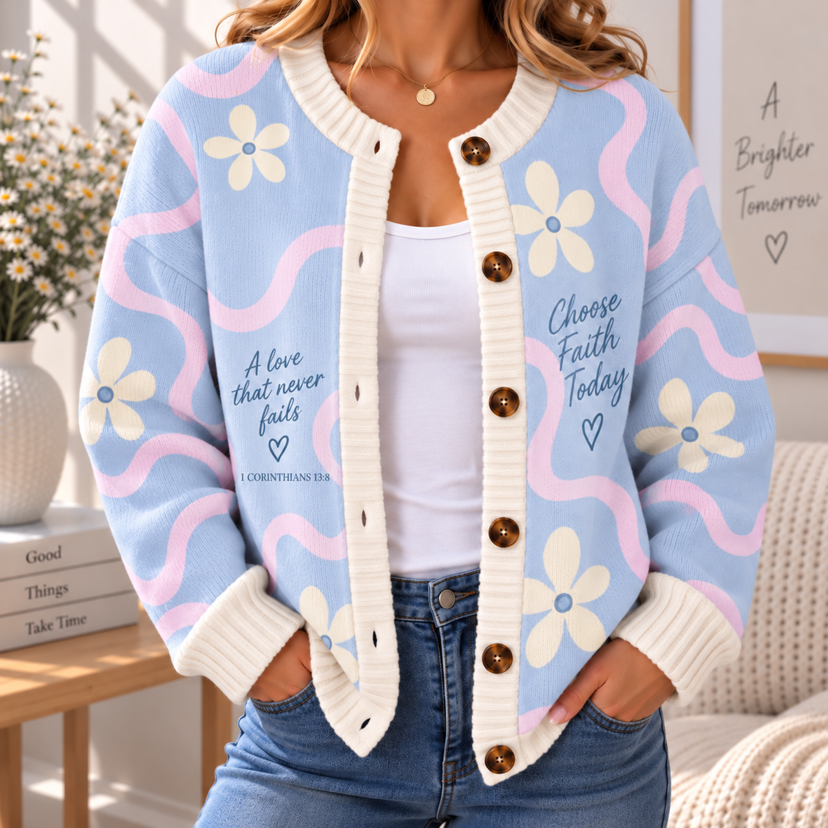Pastel Daisy Pink Wave Women's Cardigan Sweater