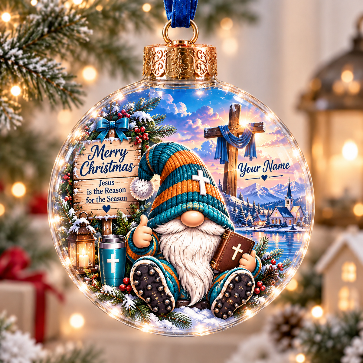 Personalized Teal Orange Winter Gnome Christmas Ball Ornament
