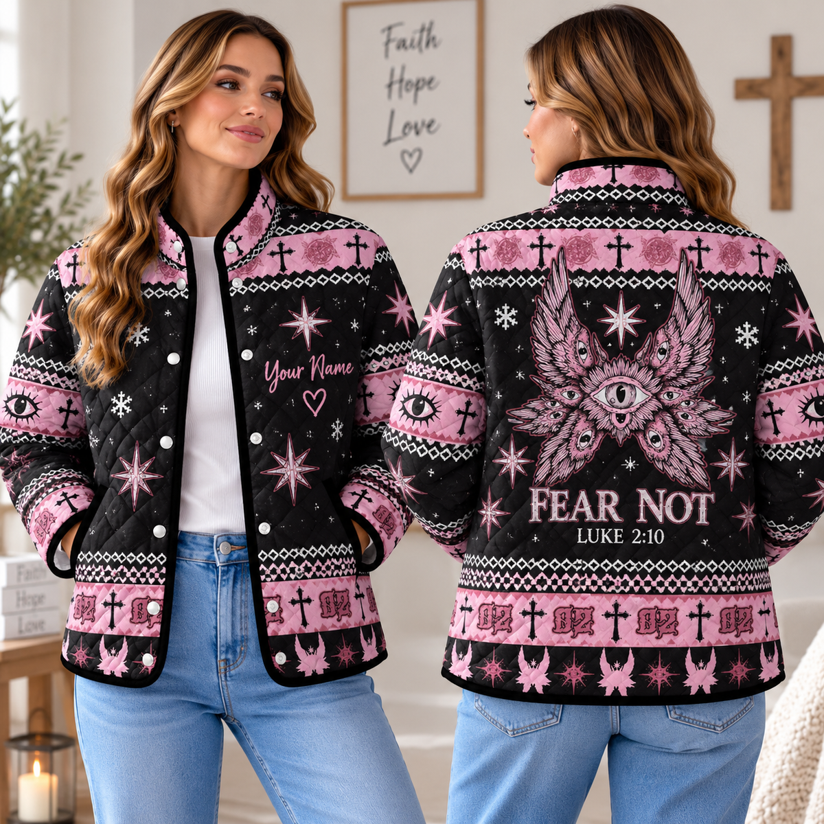 Personalized Fear Not Pink Angel Quilted Jacket