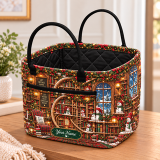 Personalized Cozy Winter Library Quilted Storage Basket