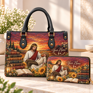 Personalized Sunset Sunflower Reading Scene PU Leather Handbag & Leather Long Wallet