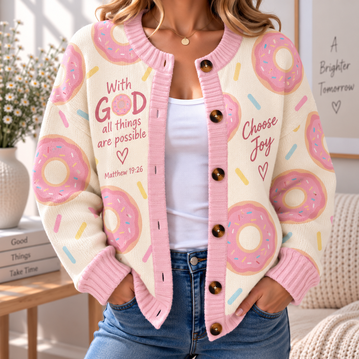 Choose Joy Pink Donut Women's Cardigan Sweater
