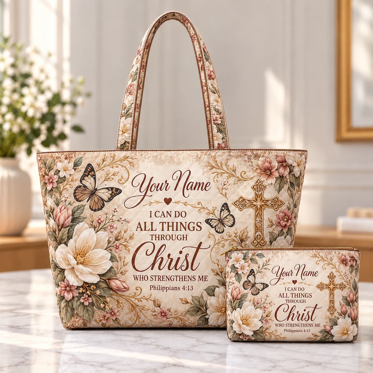Personalized Vintage Butterflies & Florals Quilted Shoulder Bag & Storage Bag