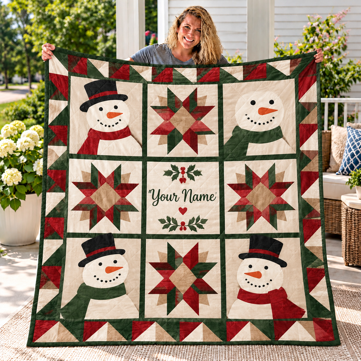 Personalized Snowmen and Patchwork Stars Quilt