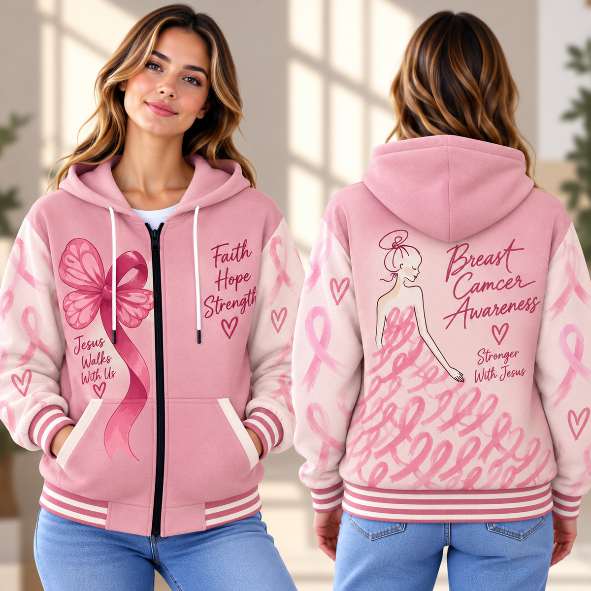 Pink Ribbon Butterfly Zip-up Baseball Jacket