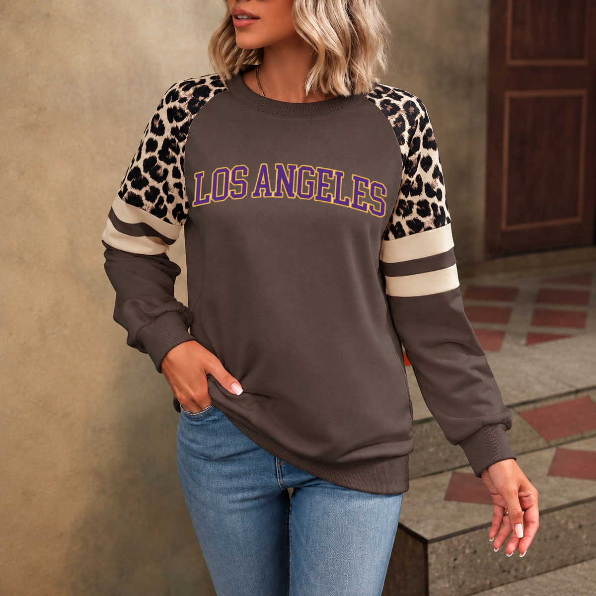 Los Angeles God Is In LA Leopard Sleeve Sweatshirt