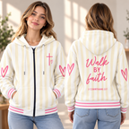 Pink Hearts Striped Zip-up Baseball Jacket