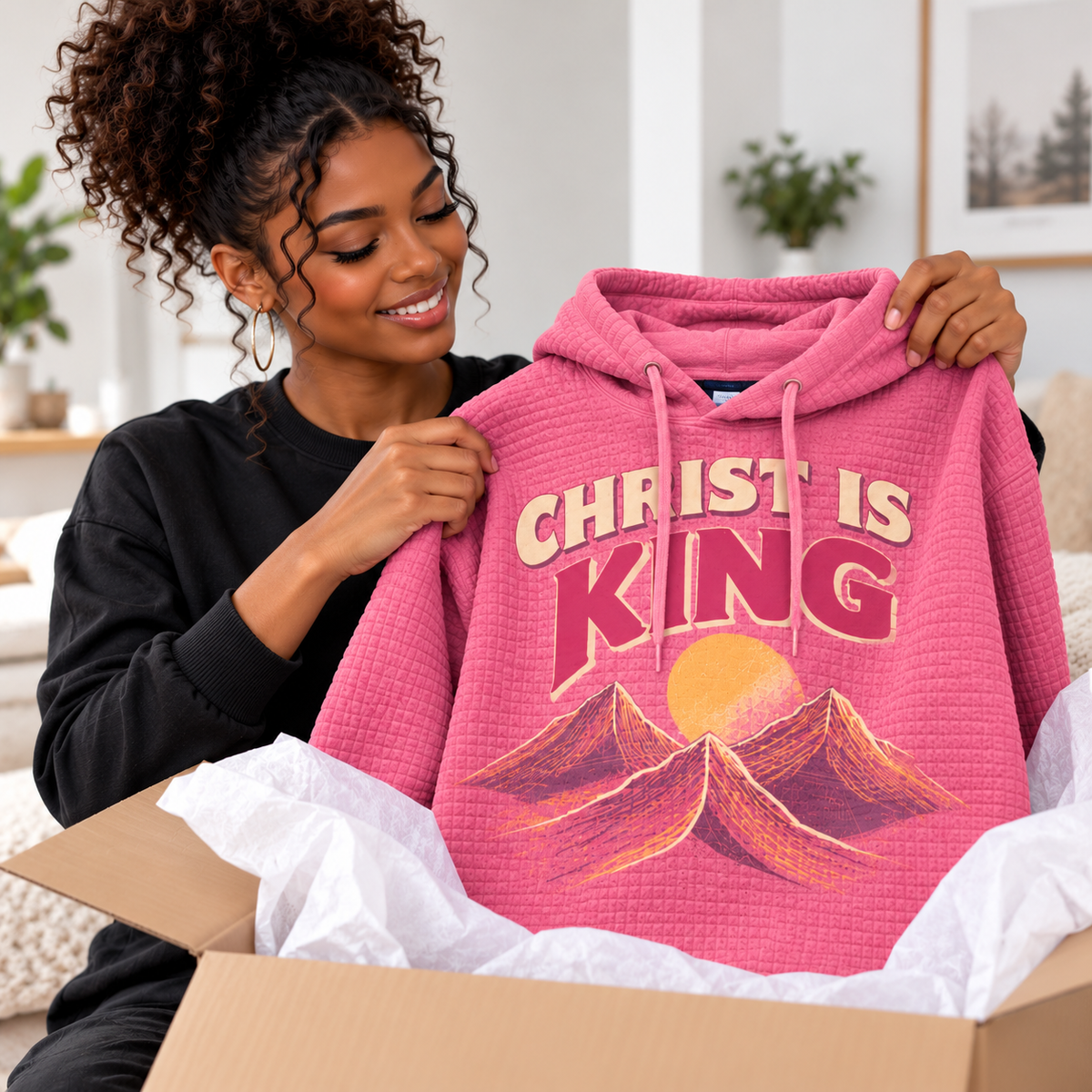 Pink Mountain Sunset Waffle Hoodie
