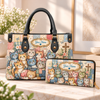 Personalized Patchwork Cats PU Leather Handbag & Leather Long Wallet
