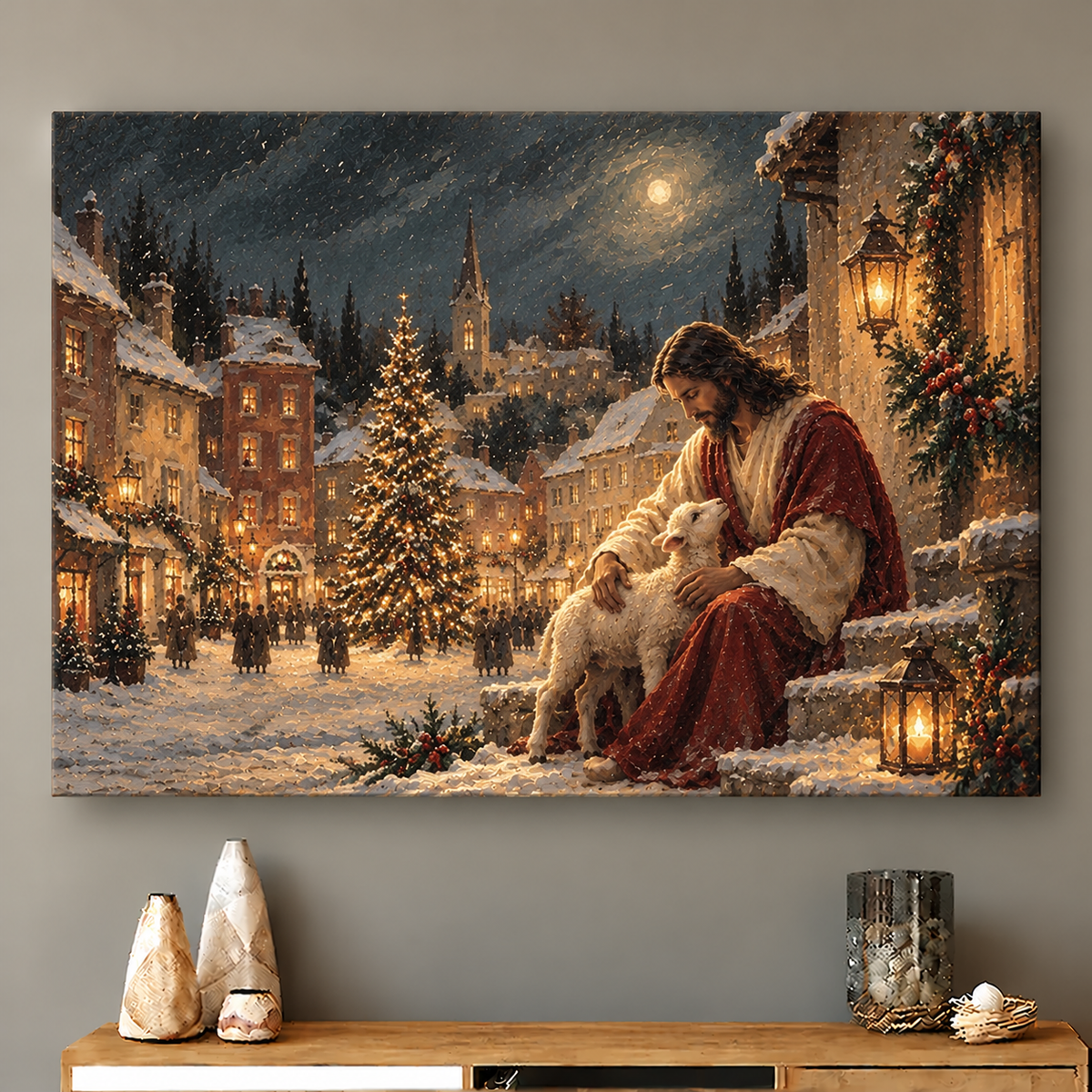 Snowy Christmas Village Lamb Canvas