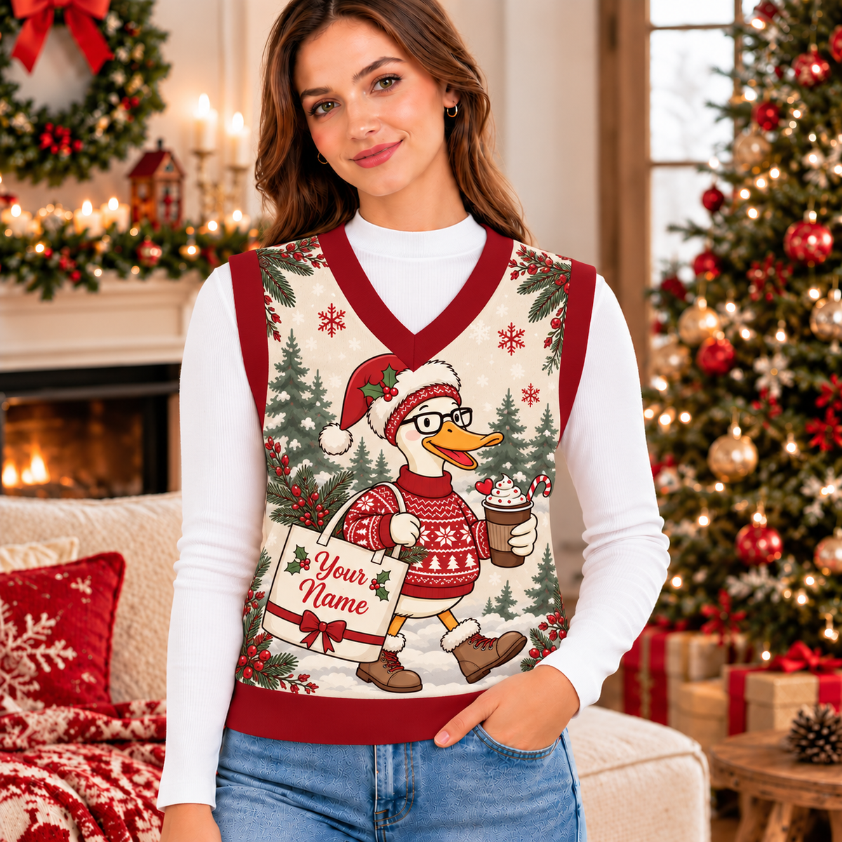Personalized Winter Duck Knitted V-Neck Vest