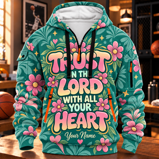 Personalized Teal Pink Floral Half-Zip Hoodie
