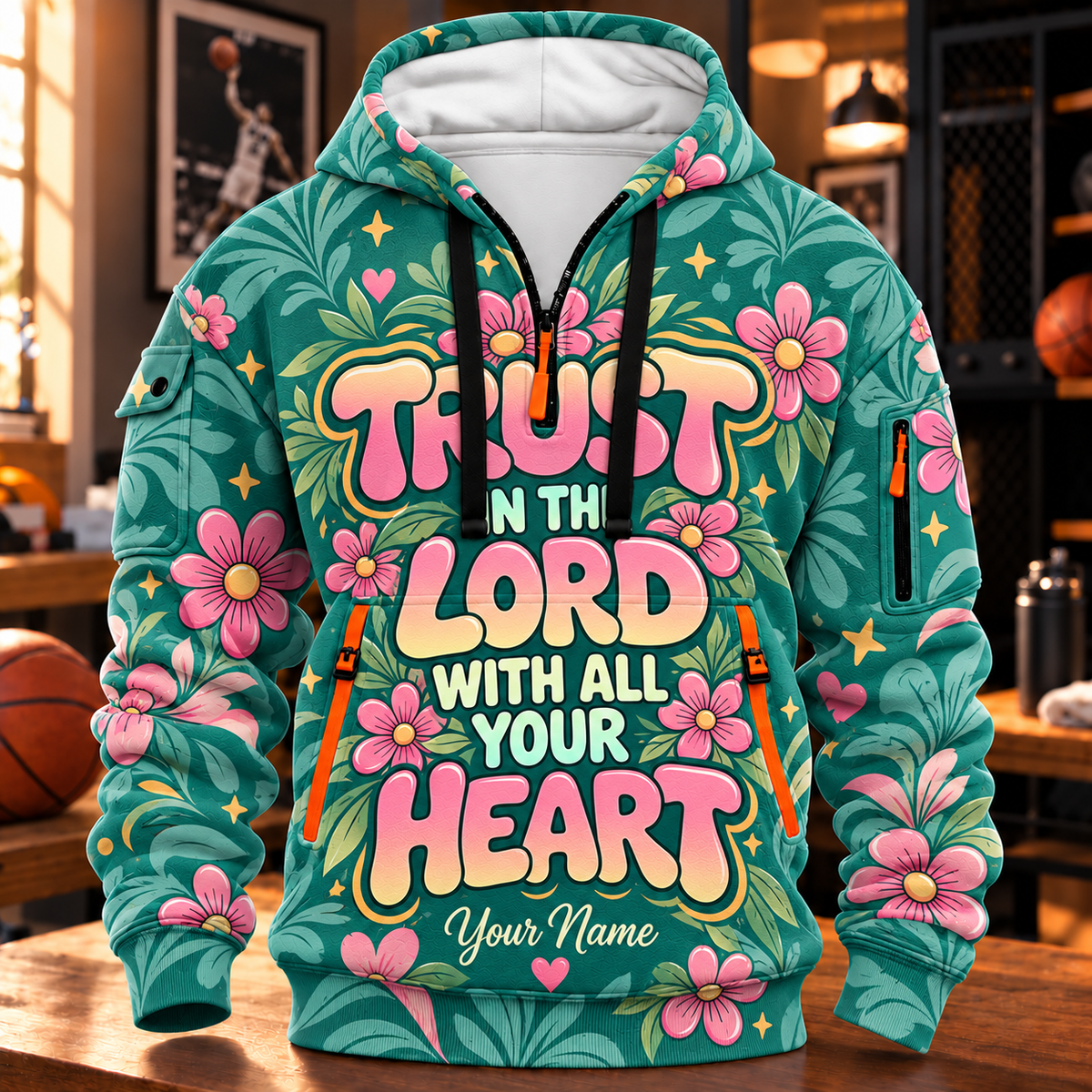 Personalized Teal Pink Floral Half-Zip Hoodie