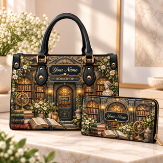 Personalized Vintage Bookshop PU Leather Handbag & Leather Long Wallet