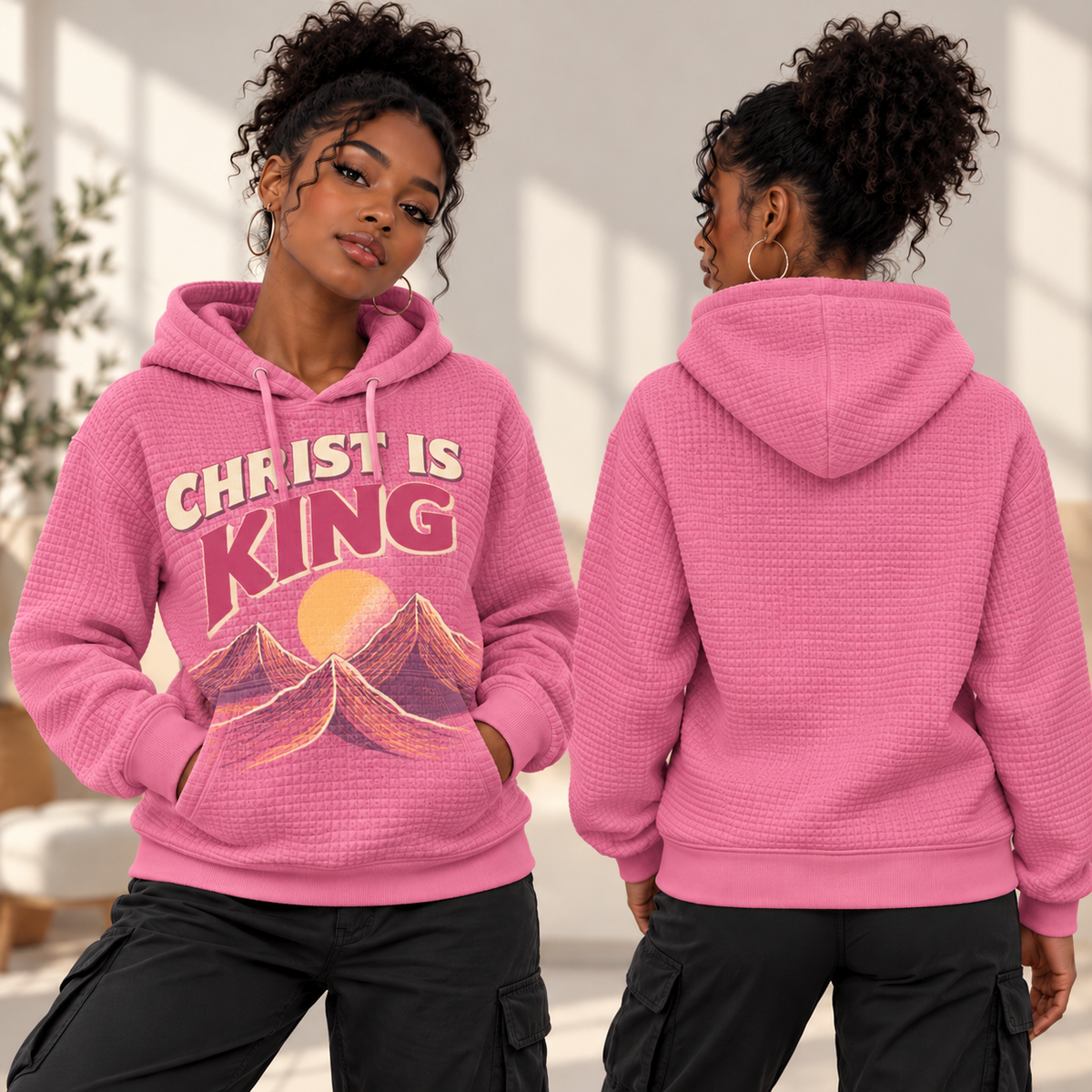 Pink Mountain Sunset Waffle Hoodie