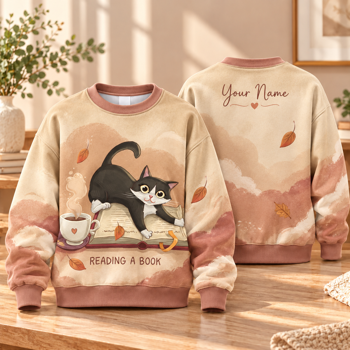 Personalized Autumn Reading Cat Sweatshirt