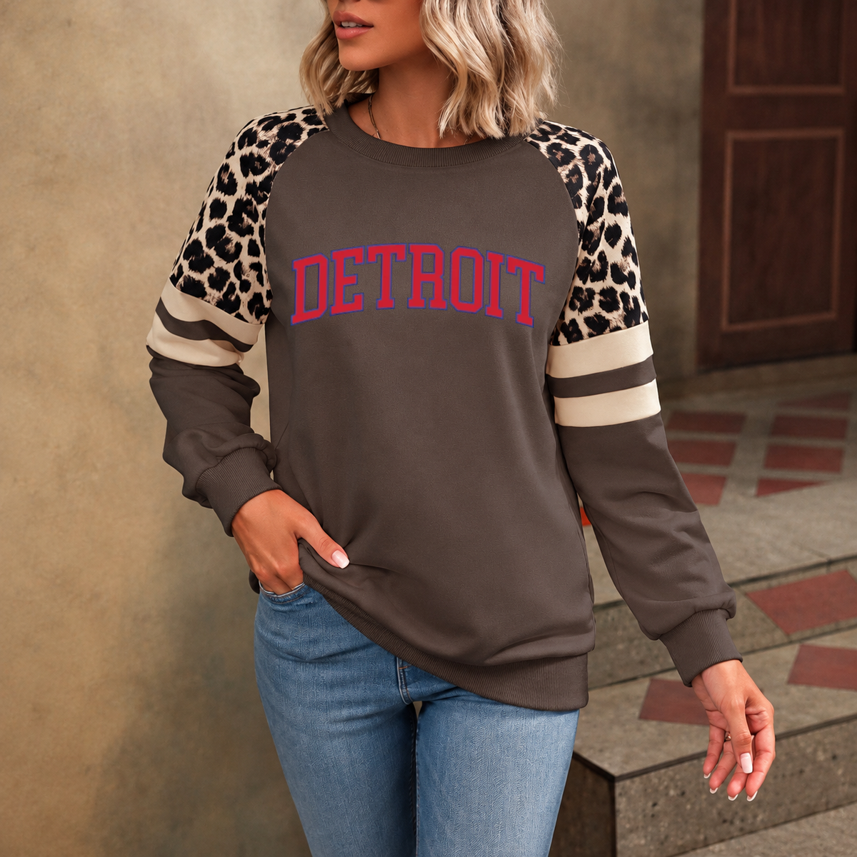 Detroit God Is In DET Leopard Sleeve Sweatshirt