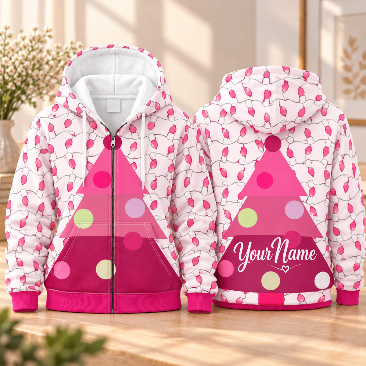 Personalized Pink Tree Lights Zip Hoodie