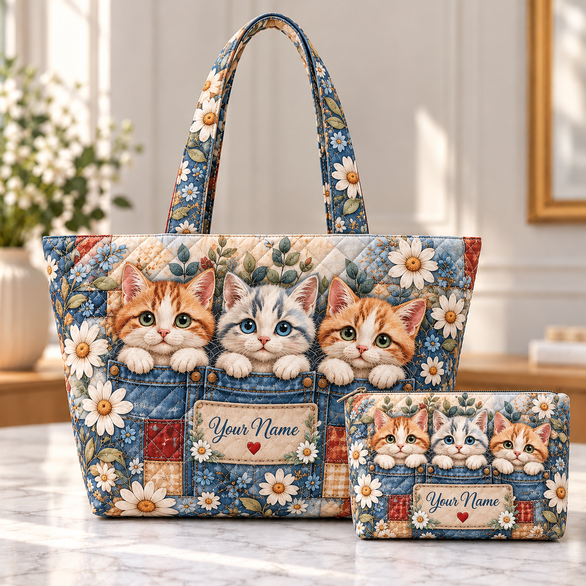 Personalized Kittens & Daisies Quilted Shoulder Bag & Storage Bag
