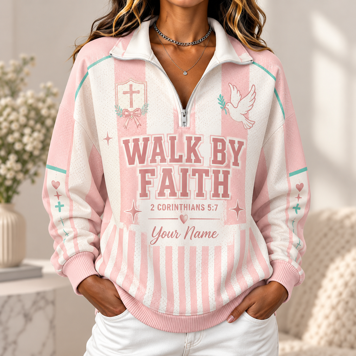 Personalized Pink Stripe Dove Women's Half-zip Sweatshirt NWY076